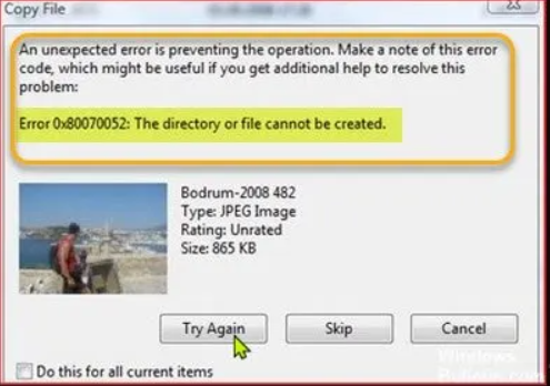 无法创建目录或文件错误代码0x80070052