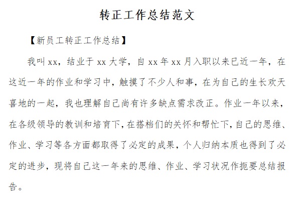 转正工作总结简短范文截图