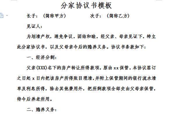 分家协议书模板截图