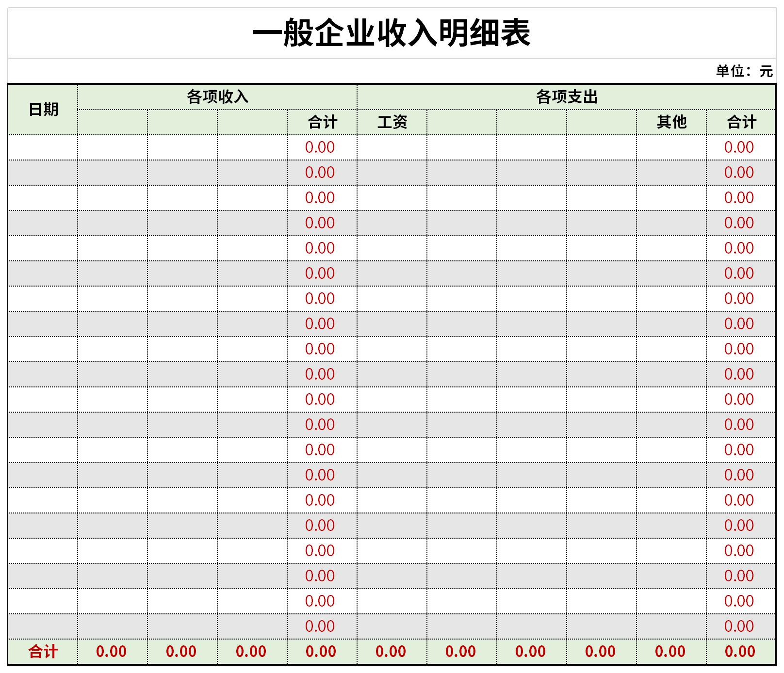 一般企业收入明细表截图