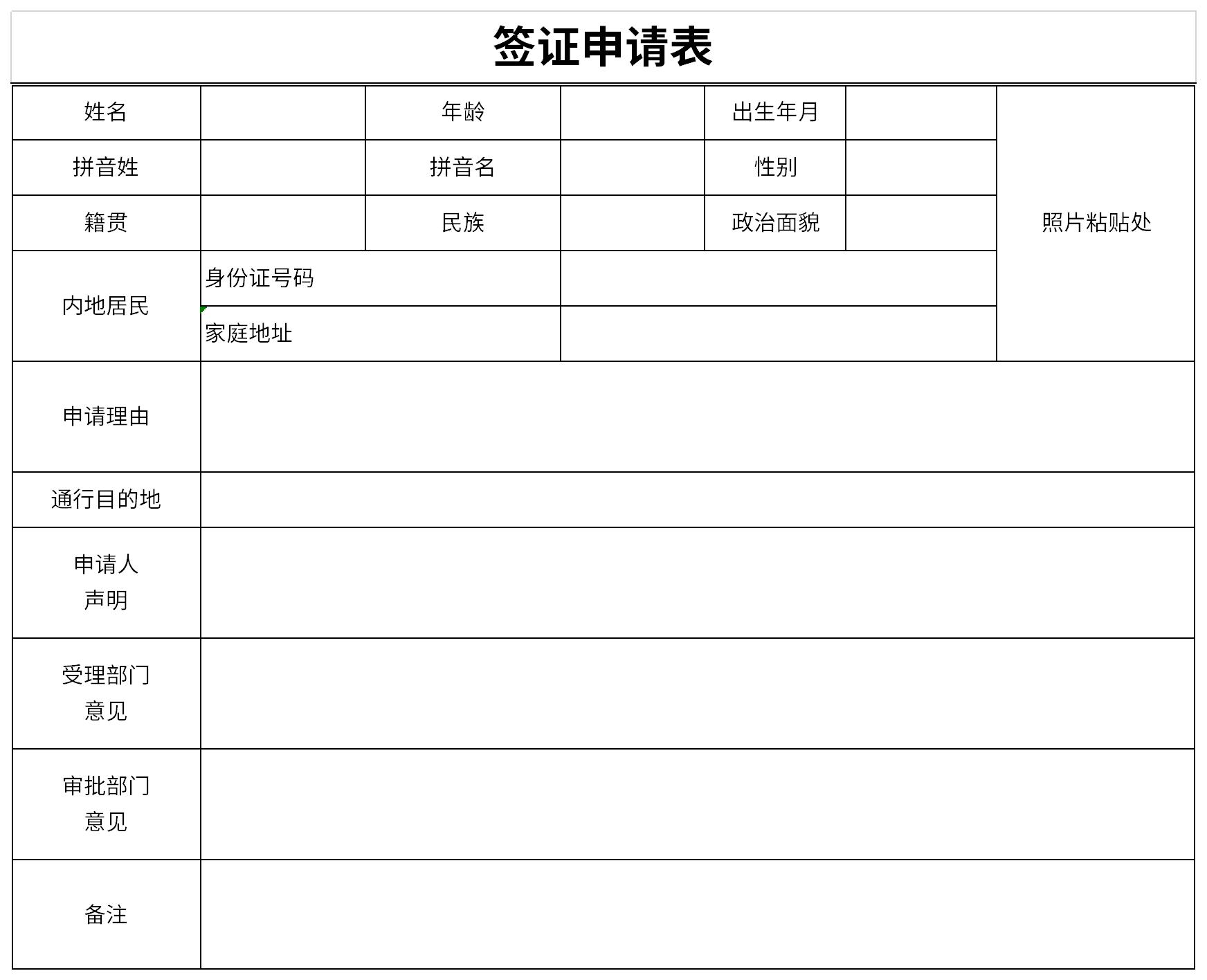 签证申请表截图