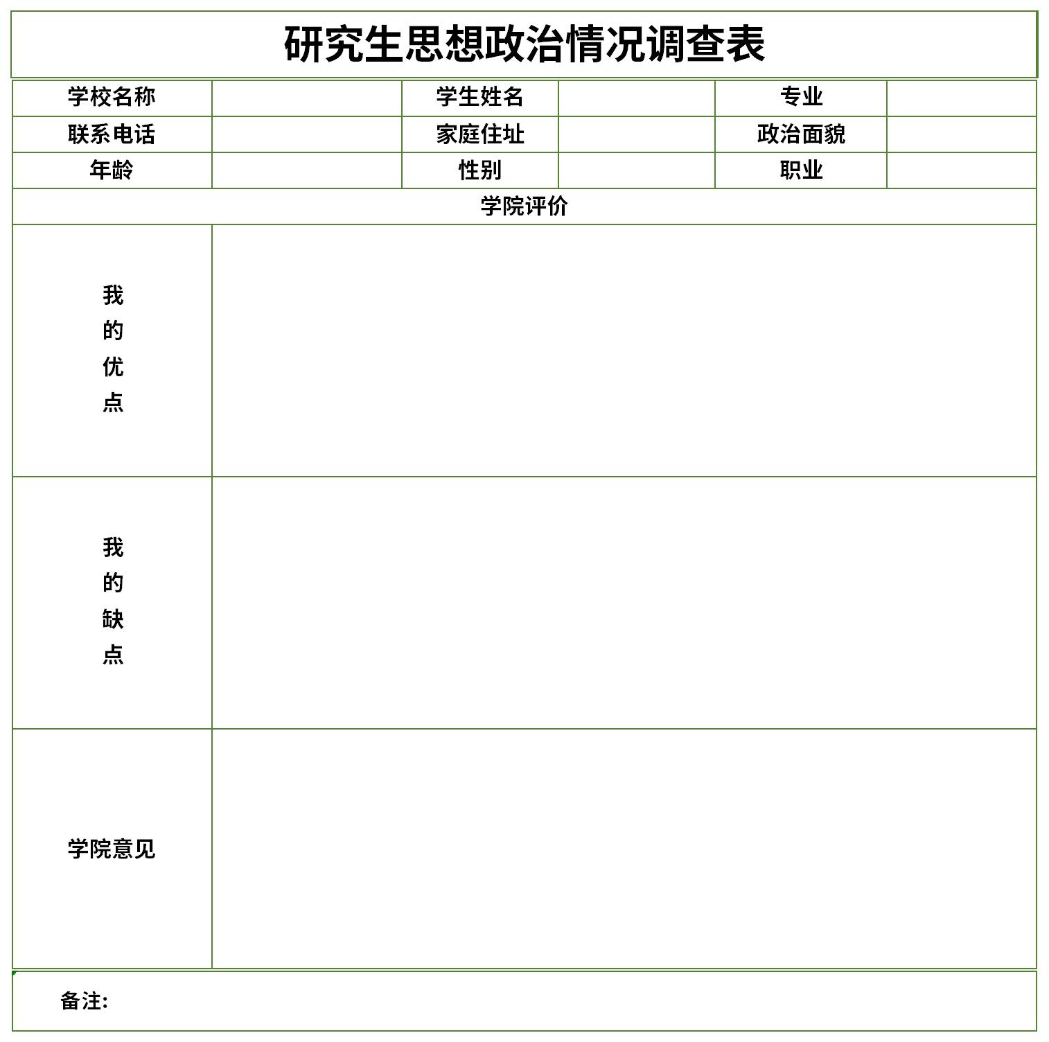 研究生思想政治情况调查表截图