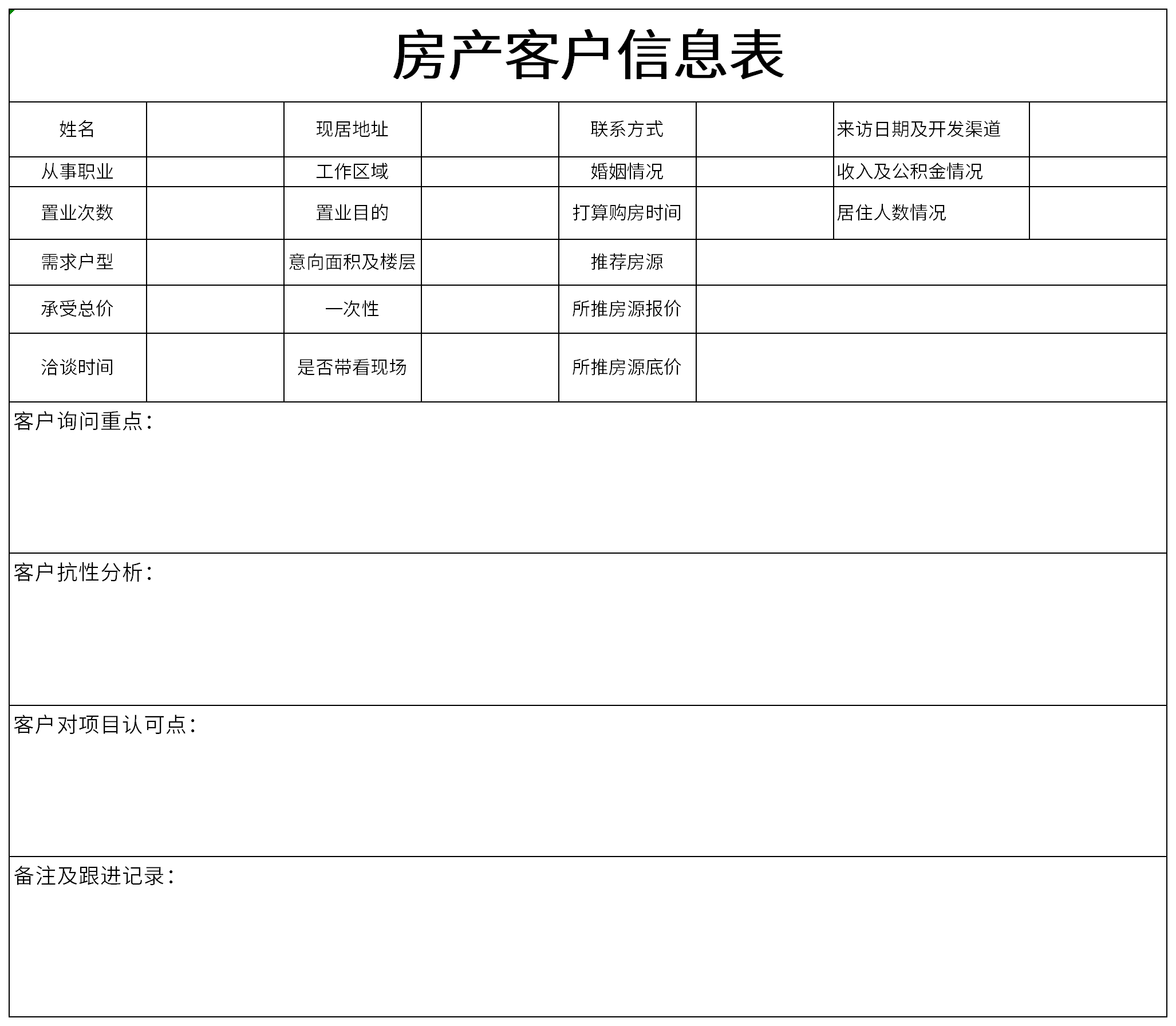 房产客户信息表截图