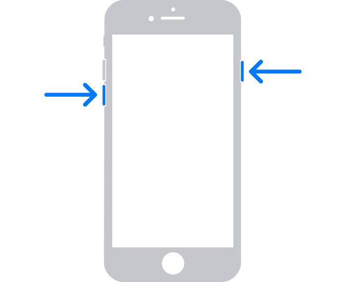 iPhone 相关图像，图中的箭头分别指向侧边按钮和调低音量按钮。